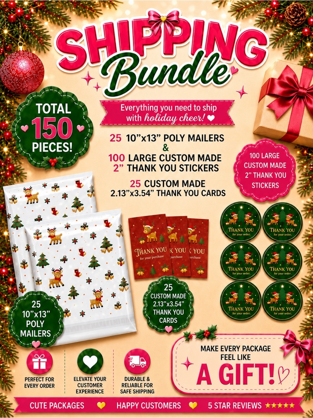 150pc Bundle: 25 Poly Mailers, 25 Cards & 100 Stickers